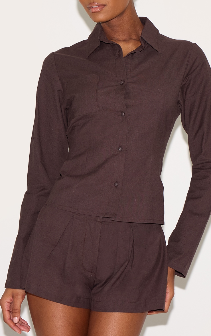 Chocolate Linen Look Pleated Mini Shorts image 1