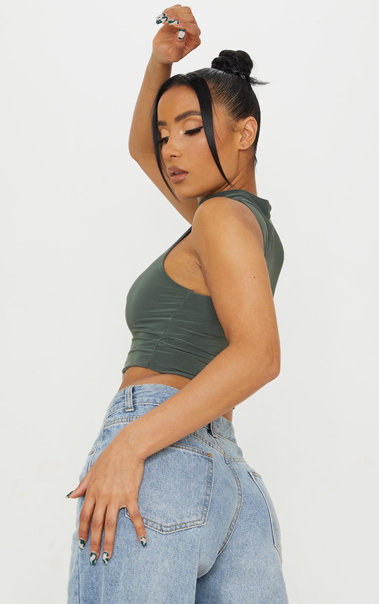 Khaki Slinky High Neck Racer Crop Top image 2