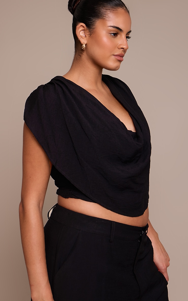 Plus Black Woven Ruched Shoulder Cowl Neck Top  image 4