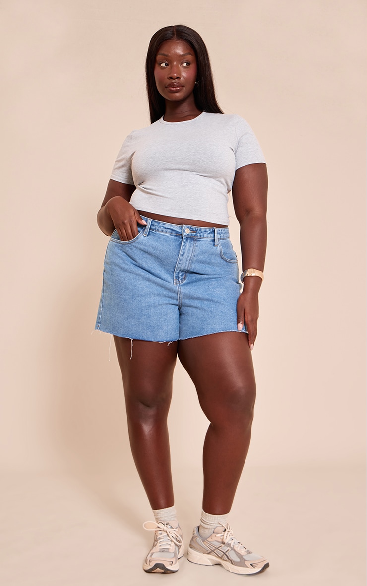 Plus Grey Marl Cotton Crew Neck Cropped Short Sleeve T-Shirt image 3