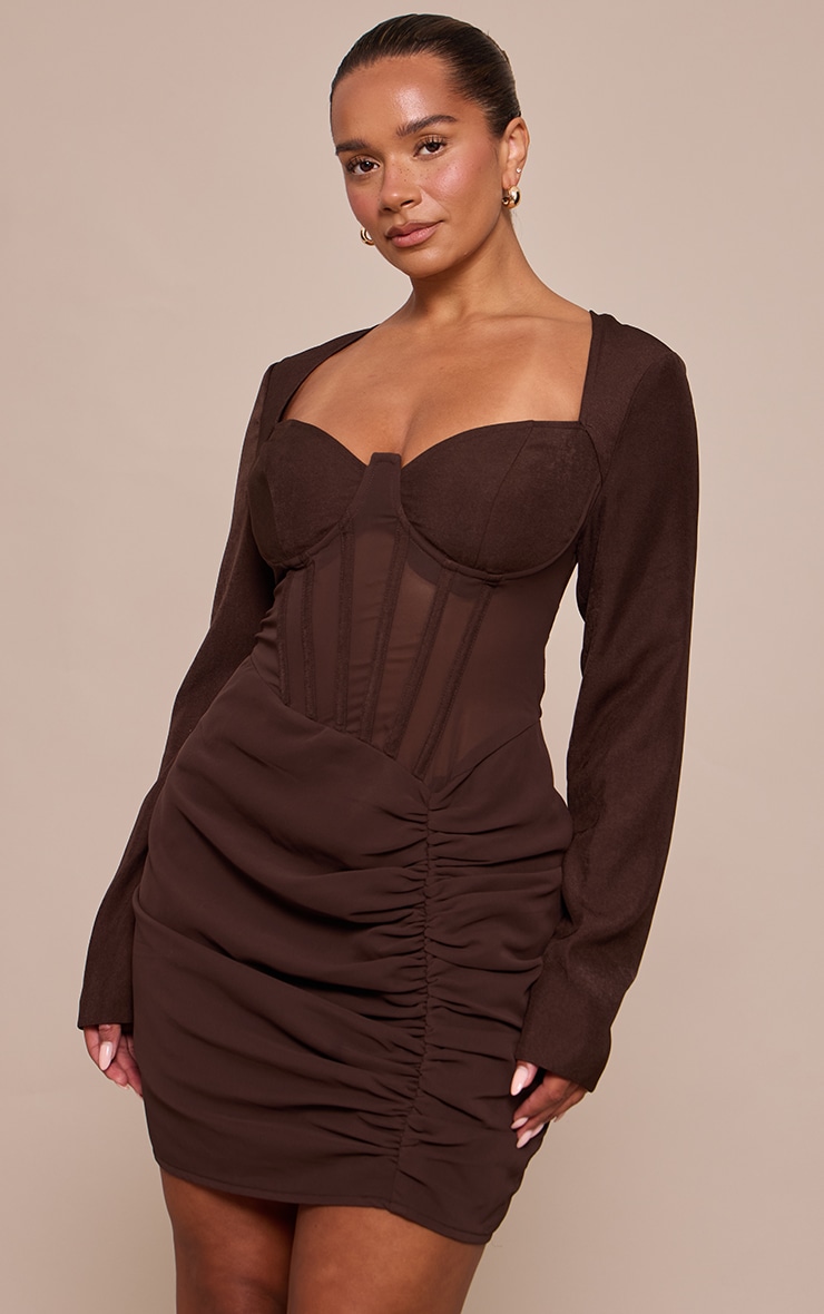 Shape Chocolate Mesh Insert Corseted Ruched Side Mini Dress image 1