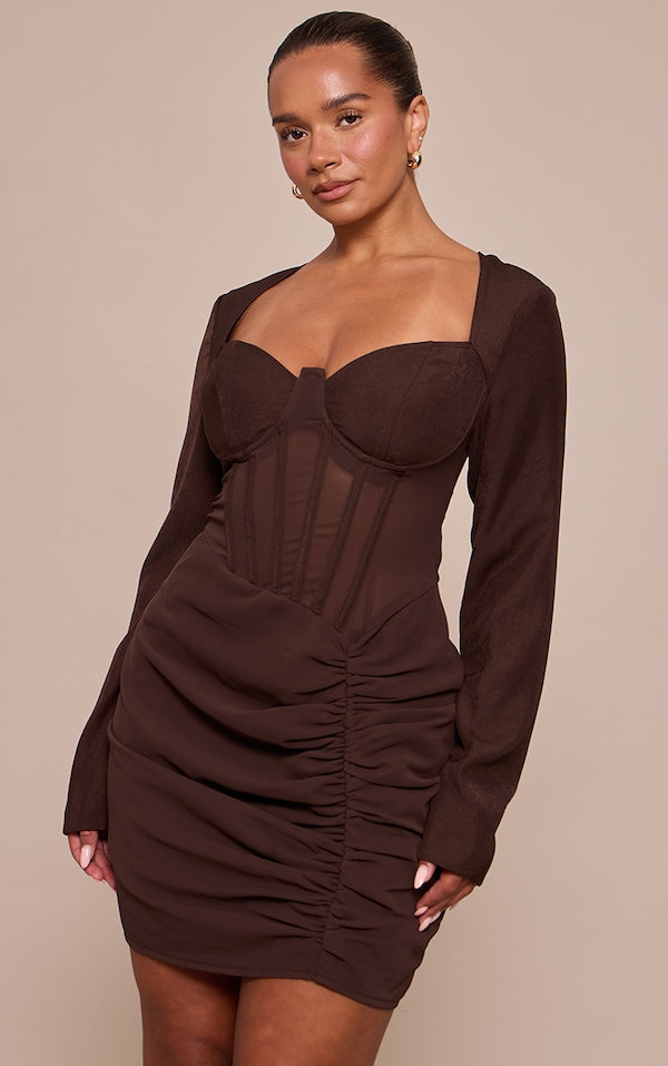 Shape Chocolate Mesh Insert Corseted Ruched Side Mini Dress