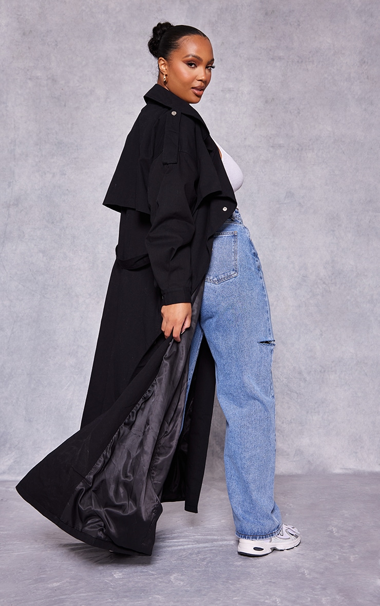 Plus Black Popper Detail Trench Coat image 2