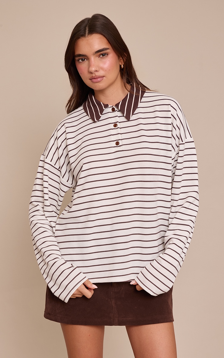 Cream Striped Collared Rugby Style Oversized Long Sleeve Top  image 1