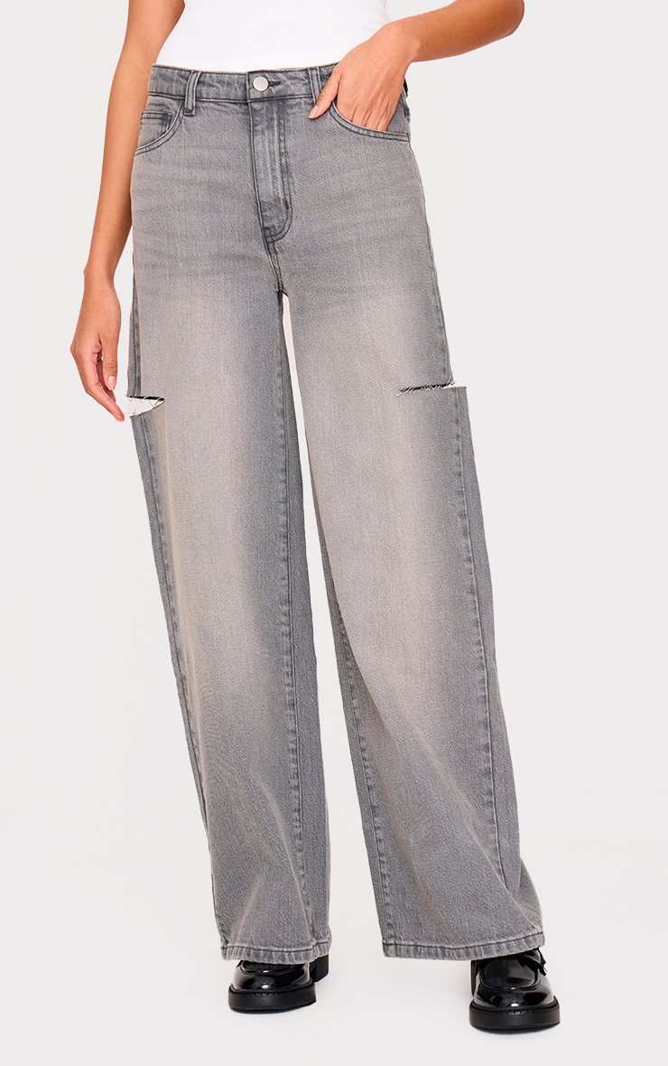 Washed Grey Thigh Split Wide Leg Style Jeans image 2