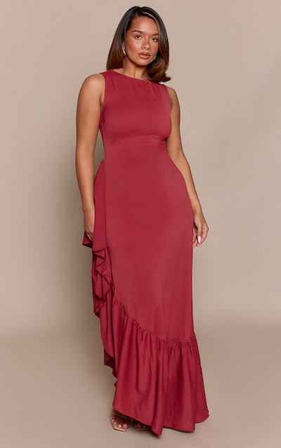 Shape Burgundy Woven Boat Neck Side Split Frill Maxi Dress