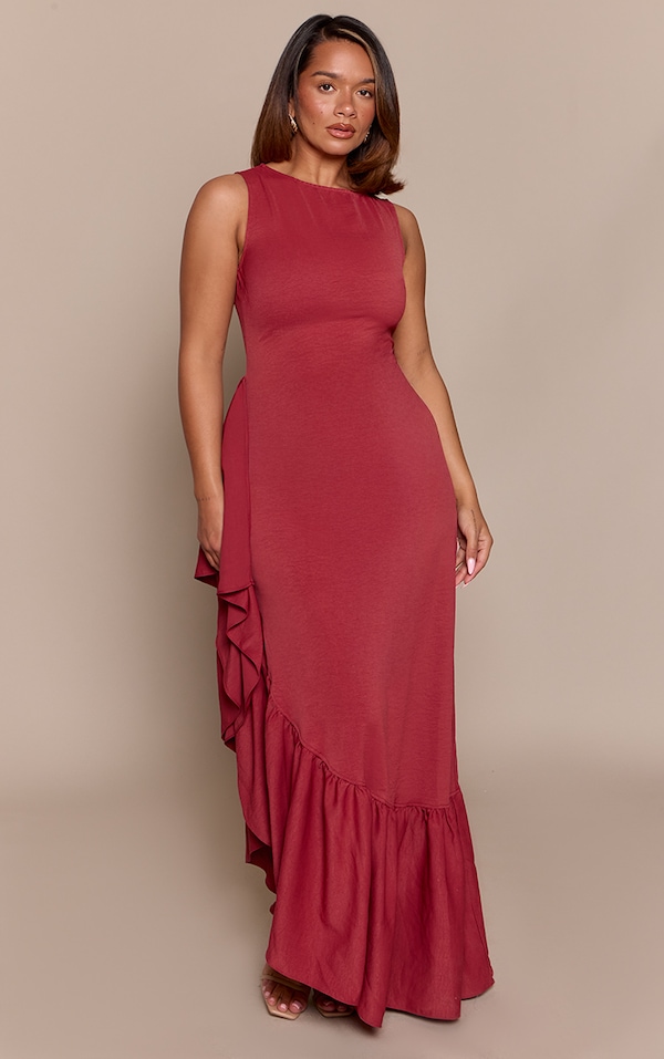 Shape Burgundy Woven Boat Neck Side Split Frill Maxi Dress