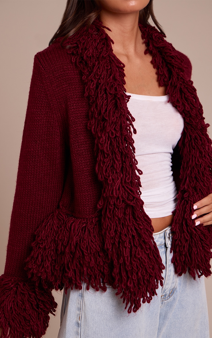 Cardigan en maille tricot bordeaux à bordures bouclées image 4