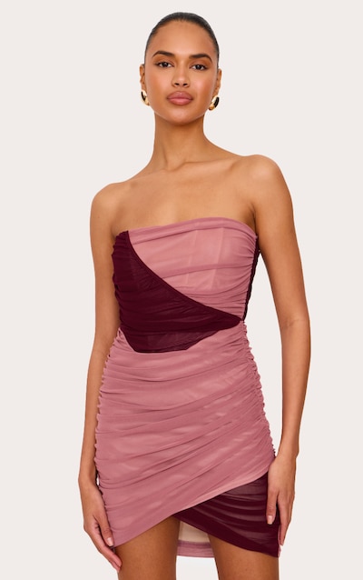 Mini robe bustier en mesh rose clair à parties contrastantes