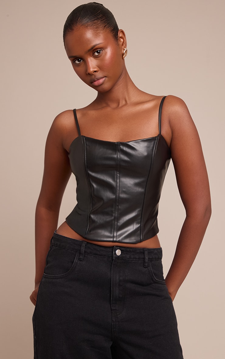 Black Faux Leather Bonded Strappy Corset image 1