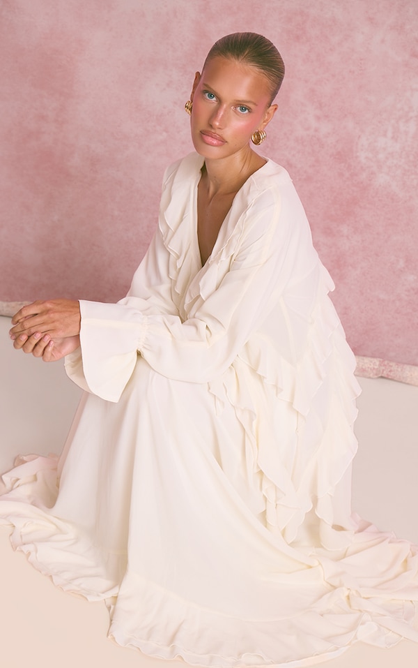 Cream Chiffon Plunge Extreme Frill Maxi Dress