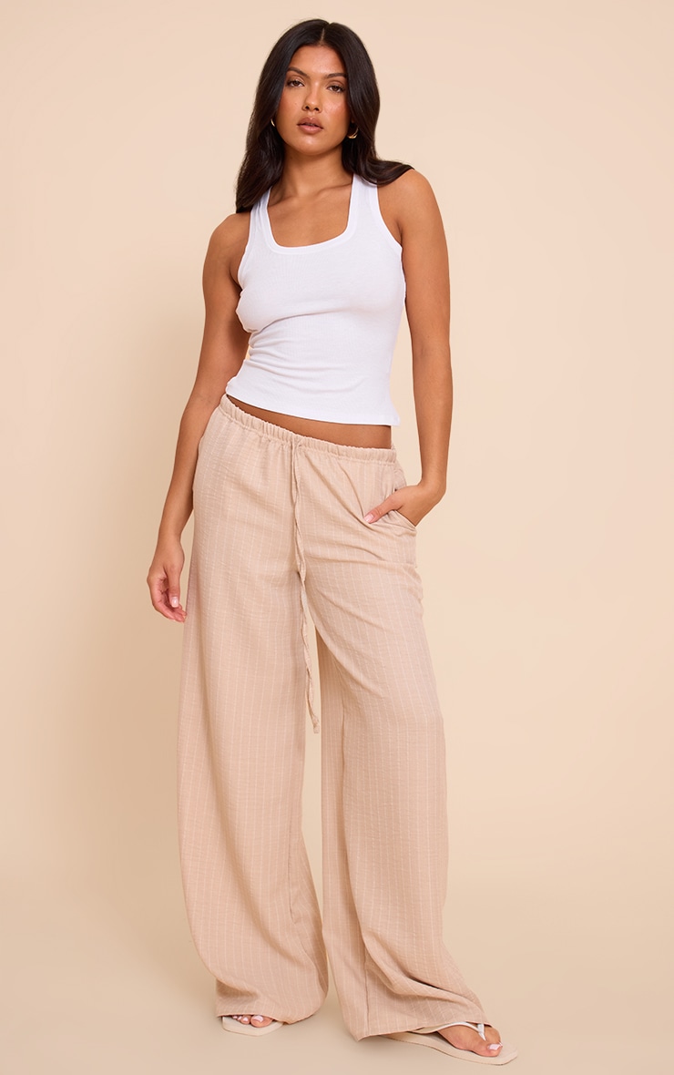Beige Lightweight Woven Striped Drawstring Pants image 1