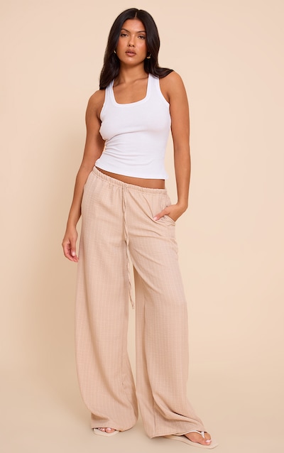 Beige Lightweight Woven Striped Drawstring Pants