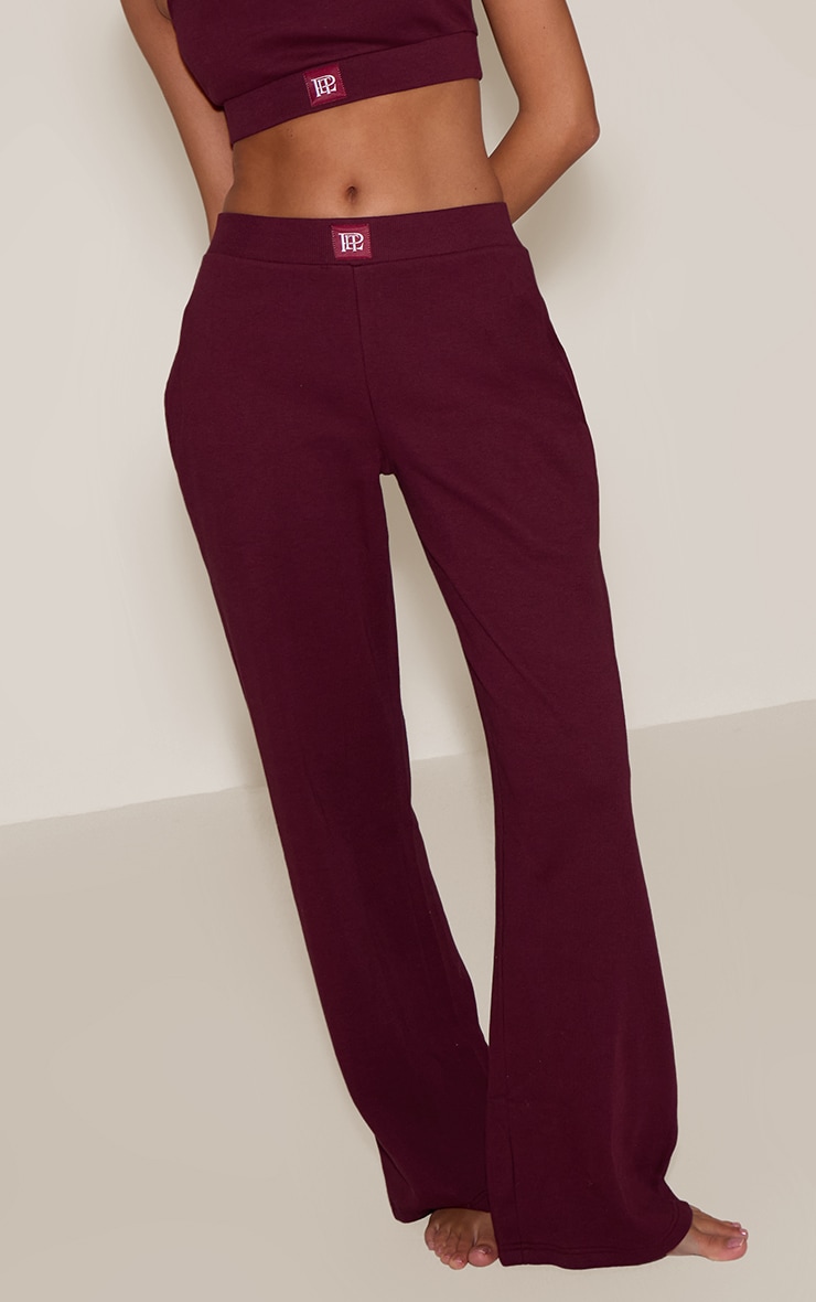PrettyLittleThing Burgundy Sleep Rib Tonal Elastic Wide Leg Pants image 2