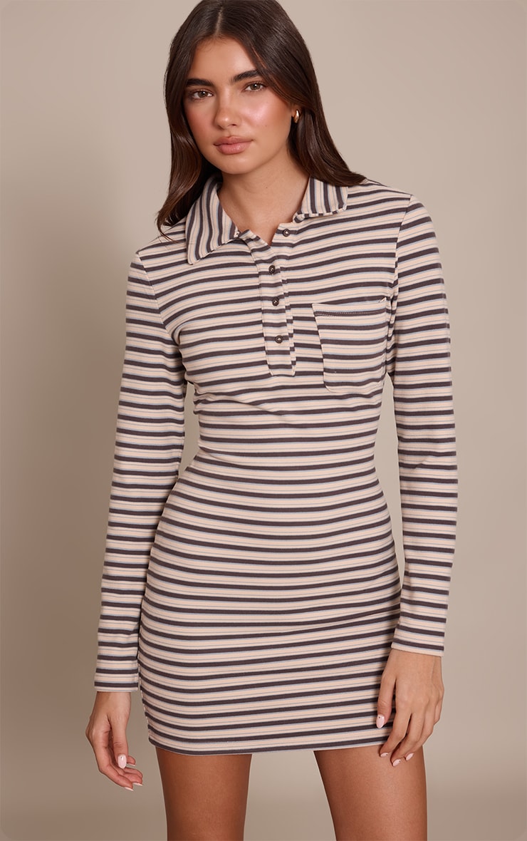 Blue Striped Soft Touch Collar Long Sleeve Bodycon Dress image 1