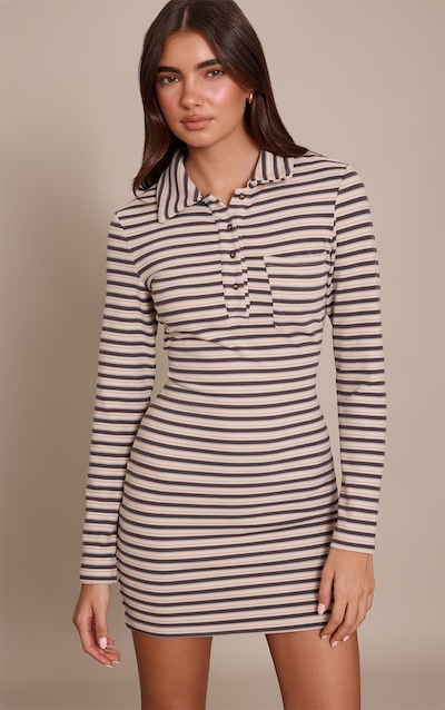 Blue Striped Soft Touch Collar Long Sleeve Bodycon Dress