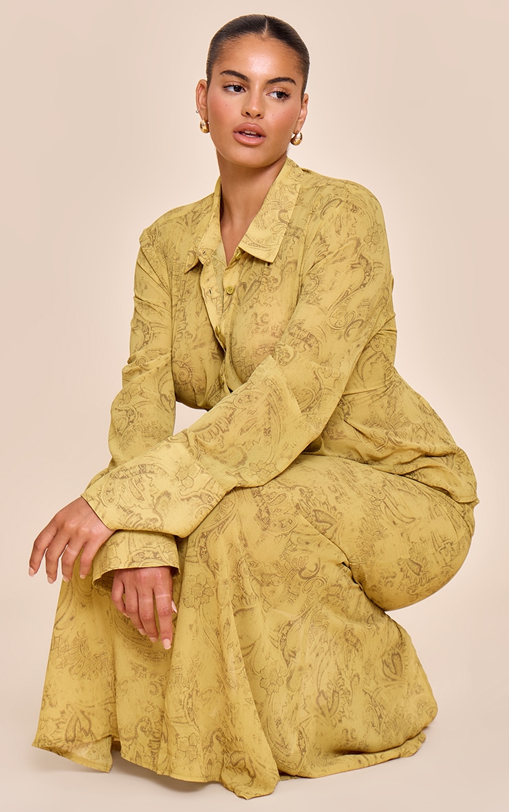 Plus Chartreuse Abstract Print Chiffon Cinched Waist Shirt image 3