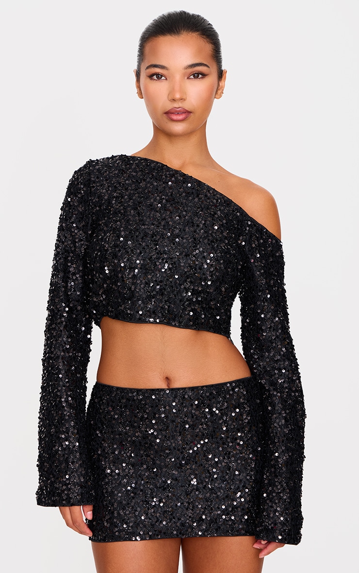 Black Textured Sequin Micro Mini Skirt image 4