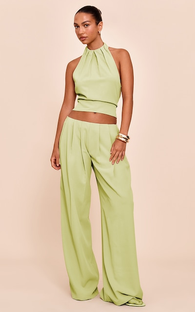 Pale Lime Woven Pleated Low Rise Wide Leg Pants