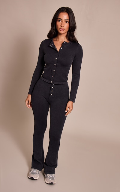 Petite Charcoal Faded Contour Rib Button Detail Flared Leggings