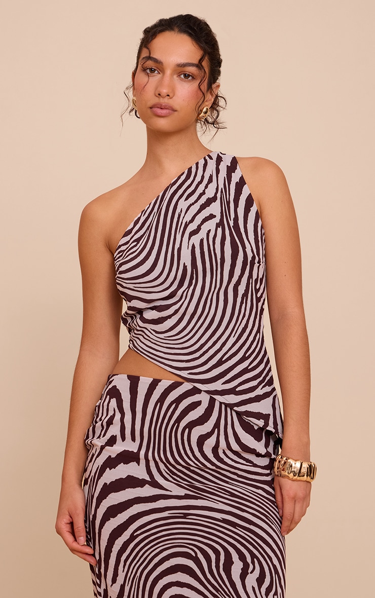 Brown Zebra Print Chiffon Asymmetric Top image 1