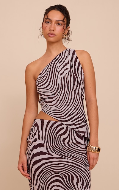 Brown Zebra Print Chiffon Asymmetric Top