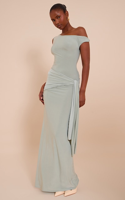 Robe longue moulante sauge à épaule dénudée et détail drapé