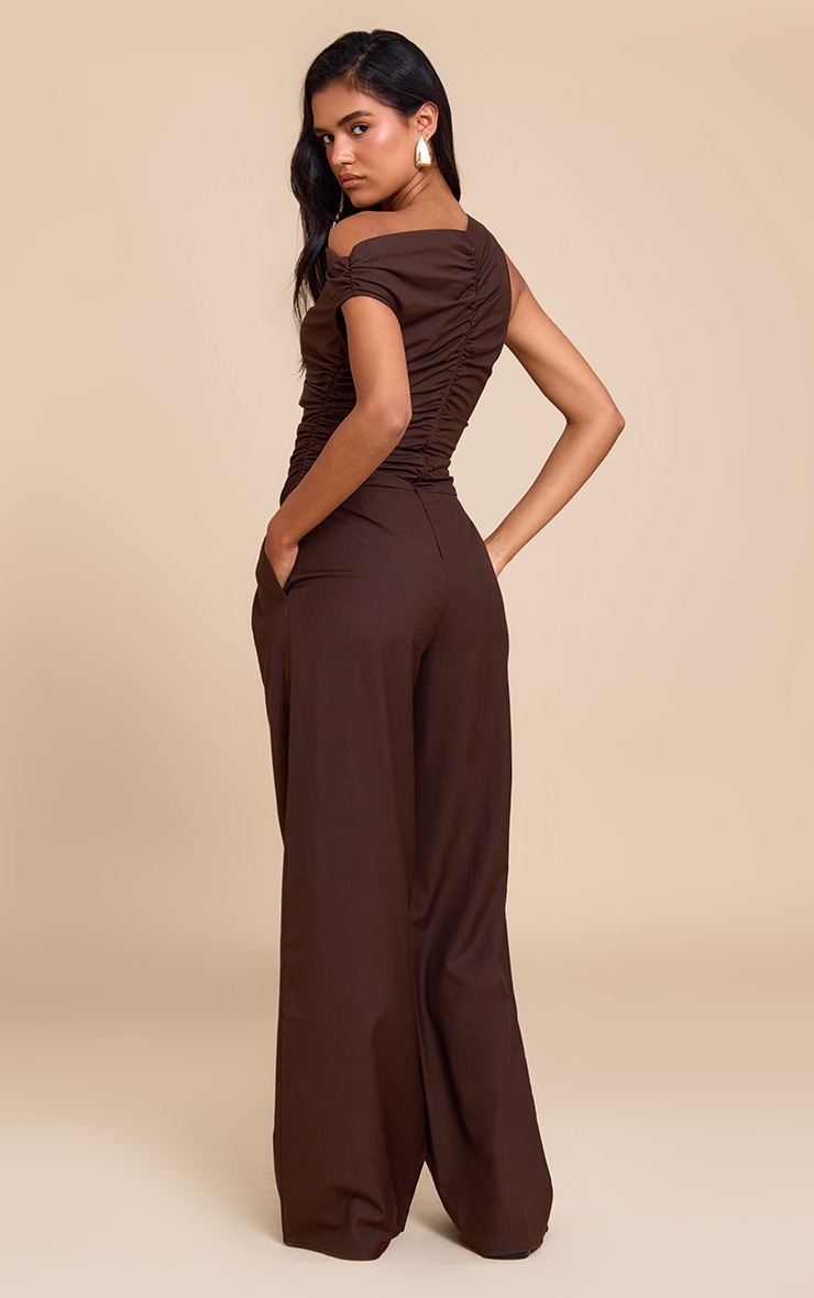 Chocolate Woven Ruched One Sleeve Jumpsuit image 2