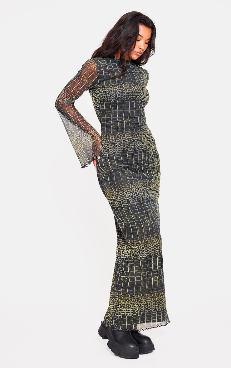 Snake Print Mesh Long Sleeve Maxi Dress image 3