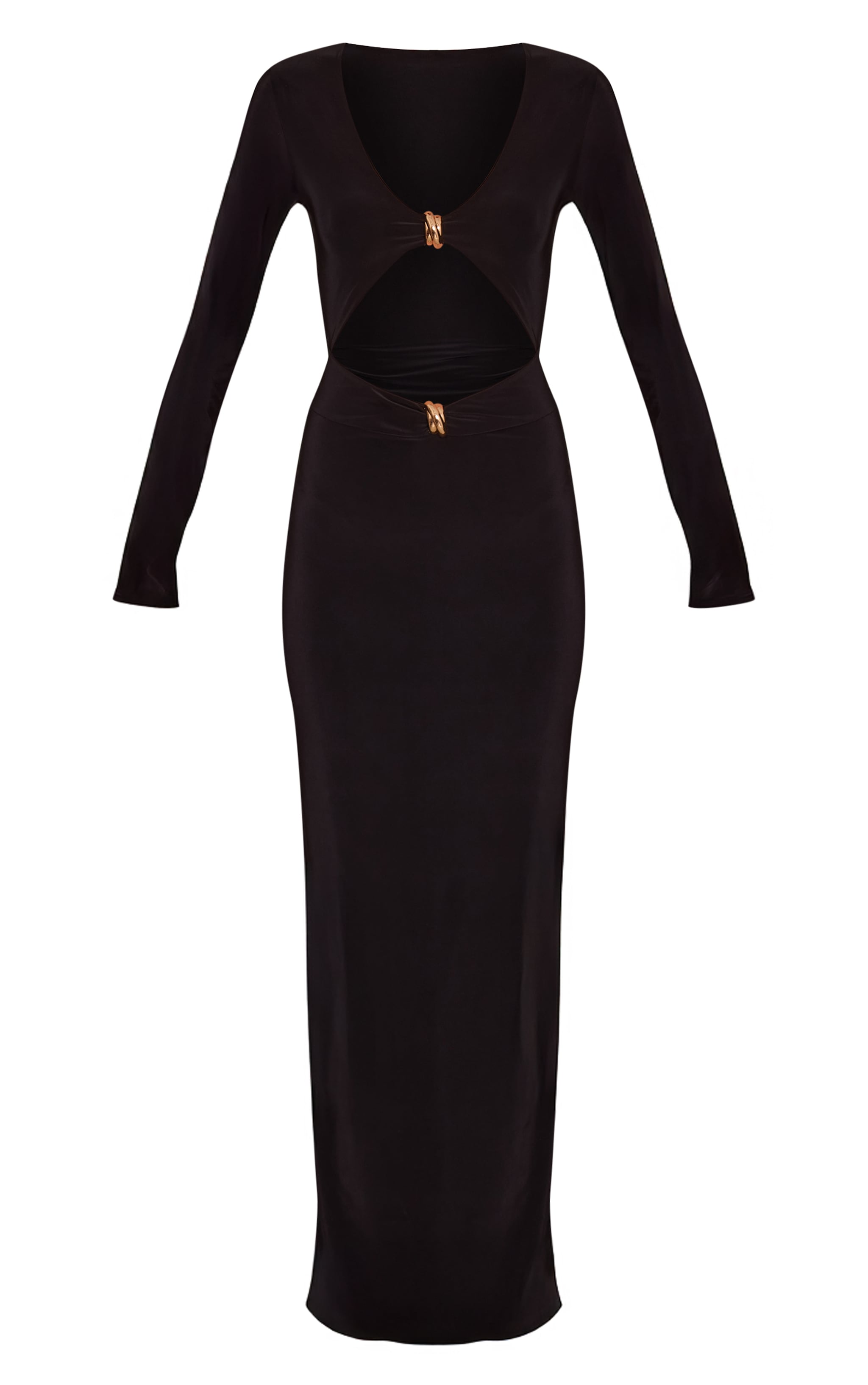 Black Double Layer Slinky Long Sleeve Trim Detail Cut Out Maxi Dress image 5