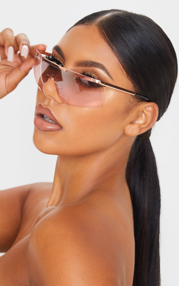Rose Gold Tinted Flat Top Frameless Visor Sunglasses