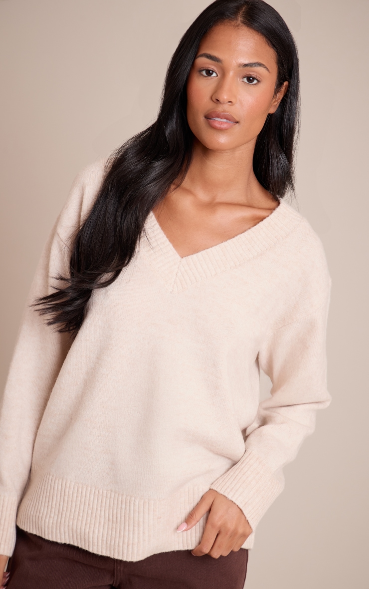 Tall Oatmeal Grey Knit V-neck Sweater image 1