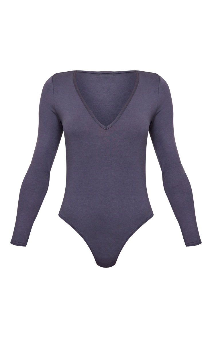Charcoal Basic V Neck Long Sleeve Jersey Bodysuit image 5