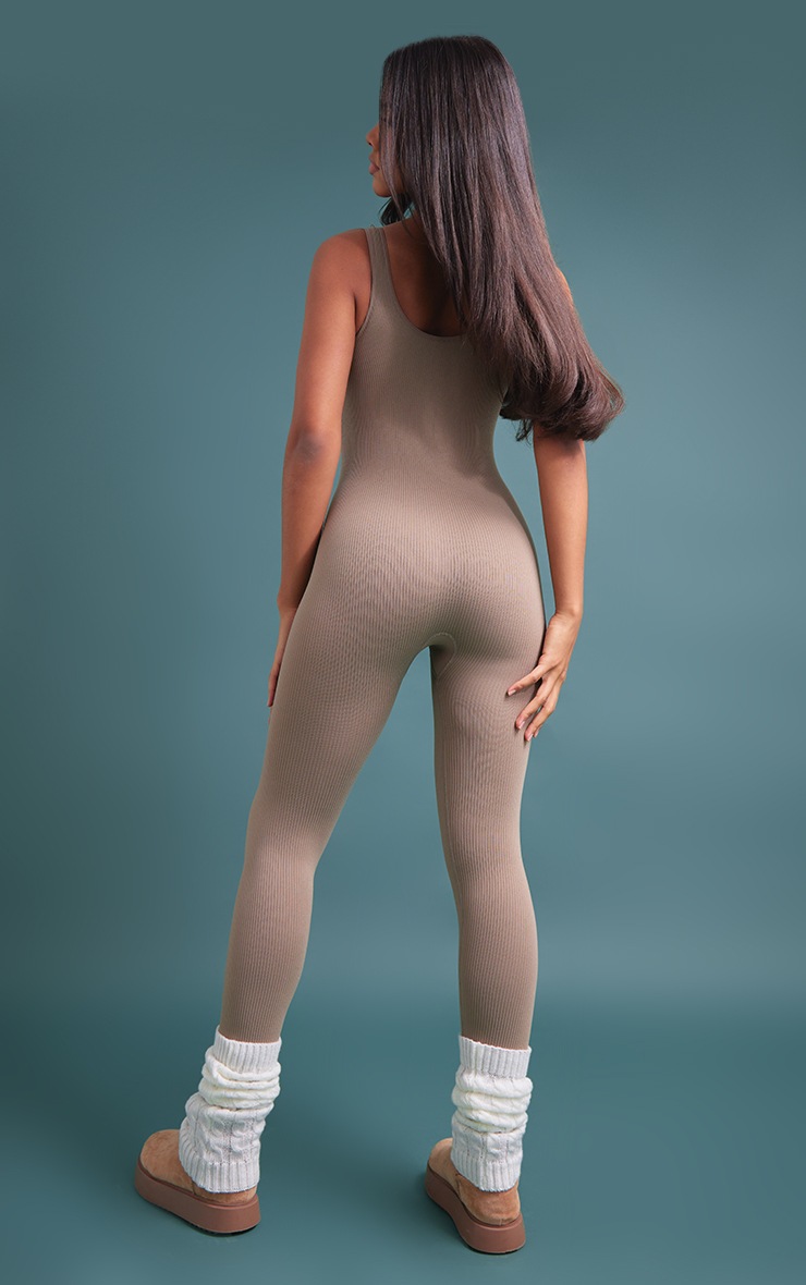 Taupe Scoop Neck Structured Snatched Ribbed Jumpsuit image 2