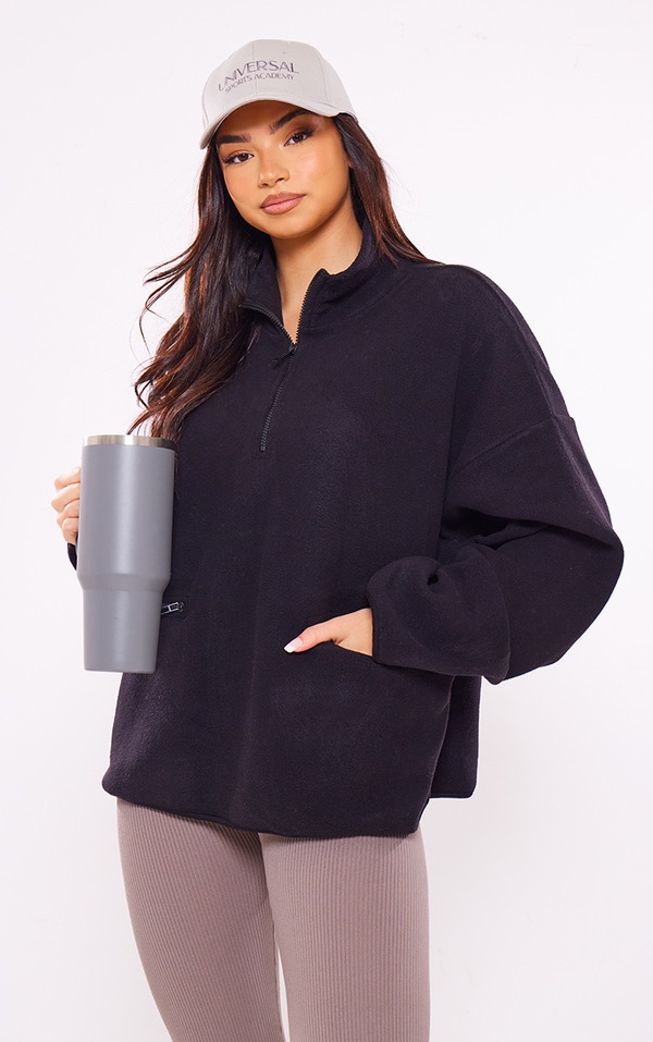 Black Fleece Quarter Zip Pocket Detail Sweatshirt PrettyLittleThing