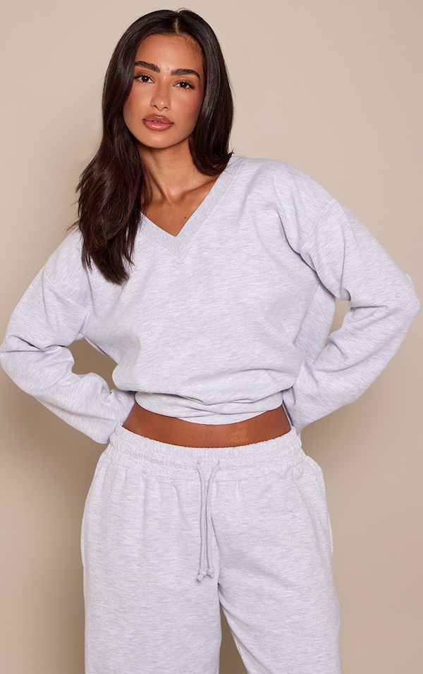 Petite Ash Grey V Neck Long Sleeve T-Shirt 