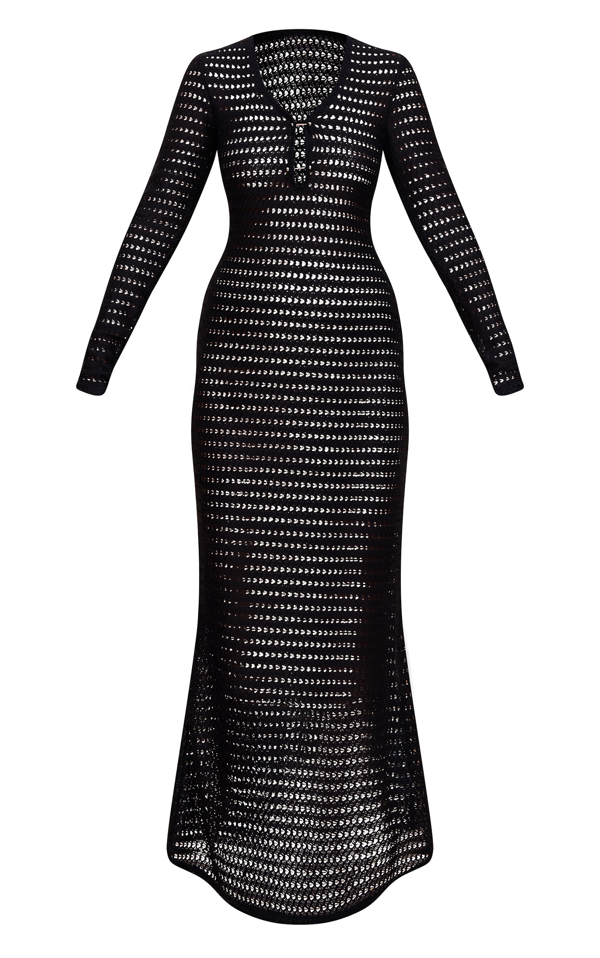 Black Long Sleeve Trim Detail Crochet Maxi Dress image 5