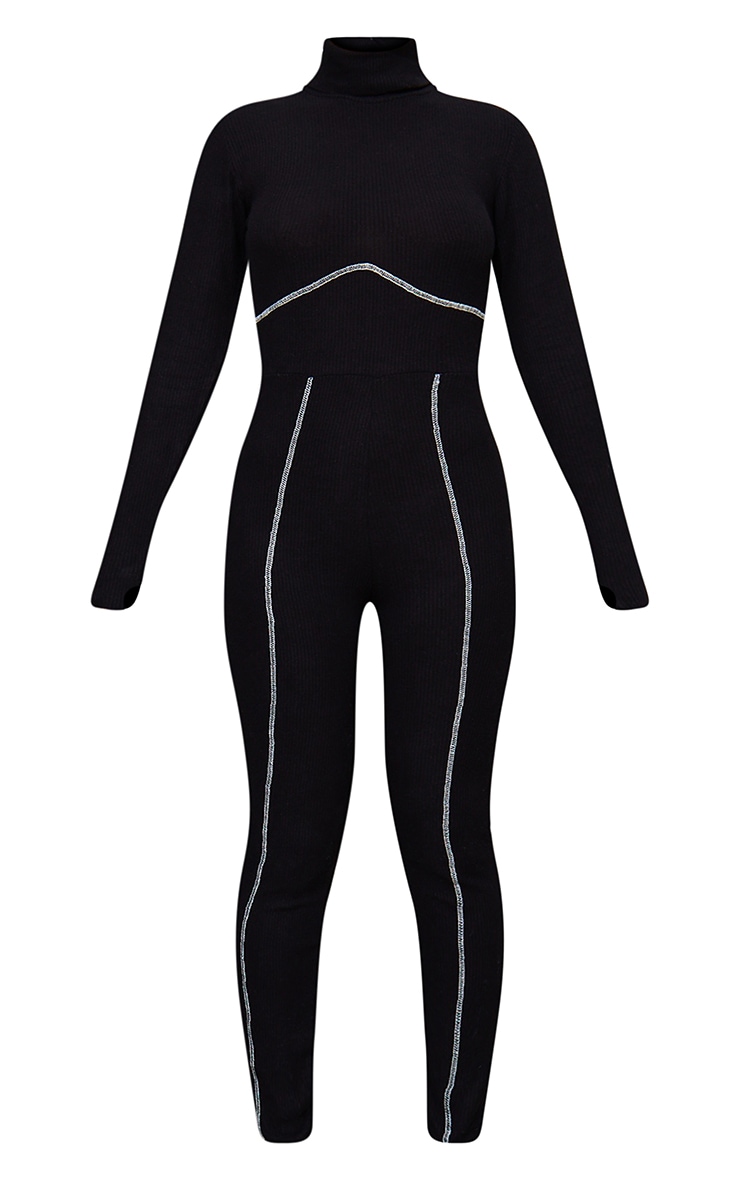 Black Brushed Rib Seam Detail High Neck Split Hem Jumpsuit image 5