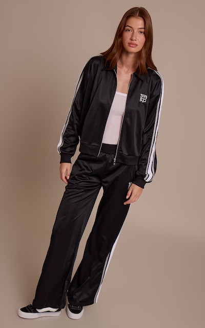 Black Tricot Contrast Side Stripe Wide Leg Track Pants