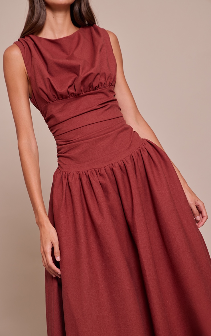 Deep Red Boat Neck Ruched Detail Puffball Maxi Dress image 4