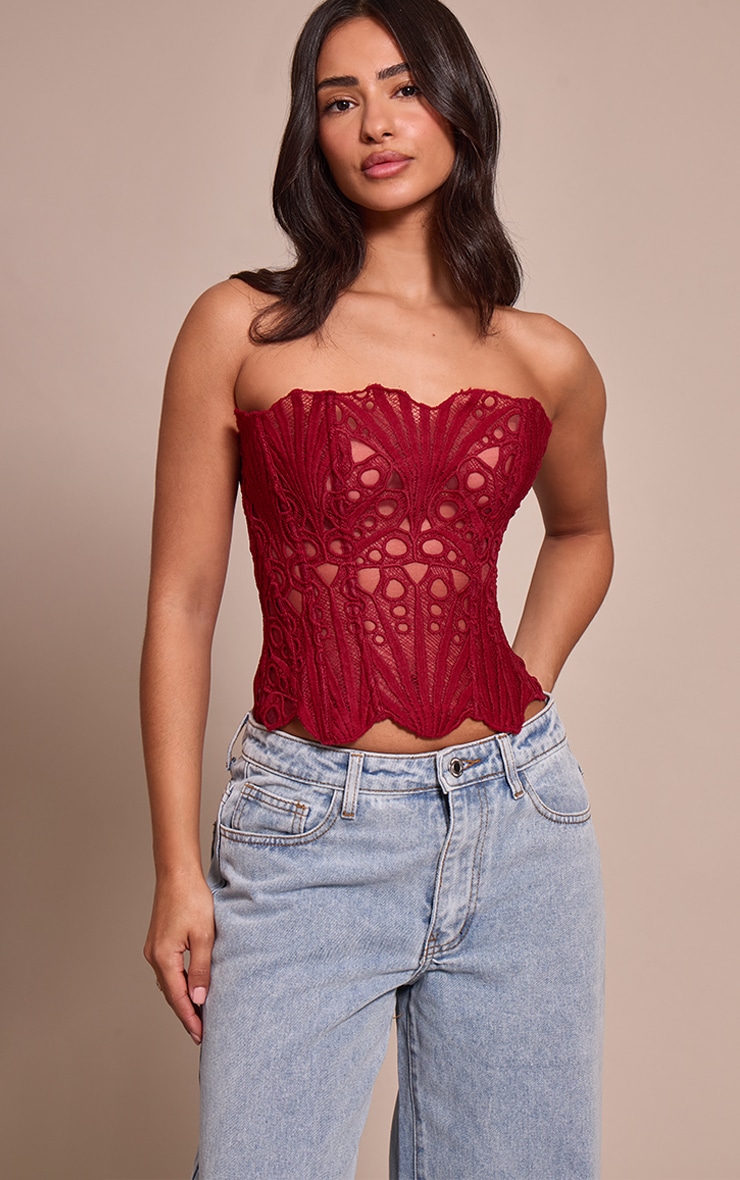 Petite Burgundy Textured Sheer Floral Lace Corset