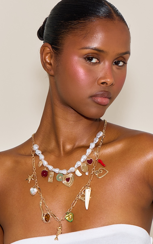 White Pearl Beaded Layered Charm Necklace