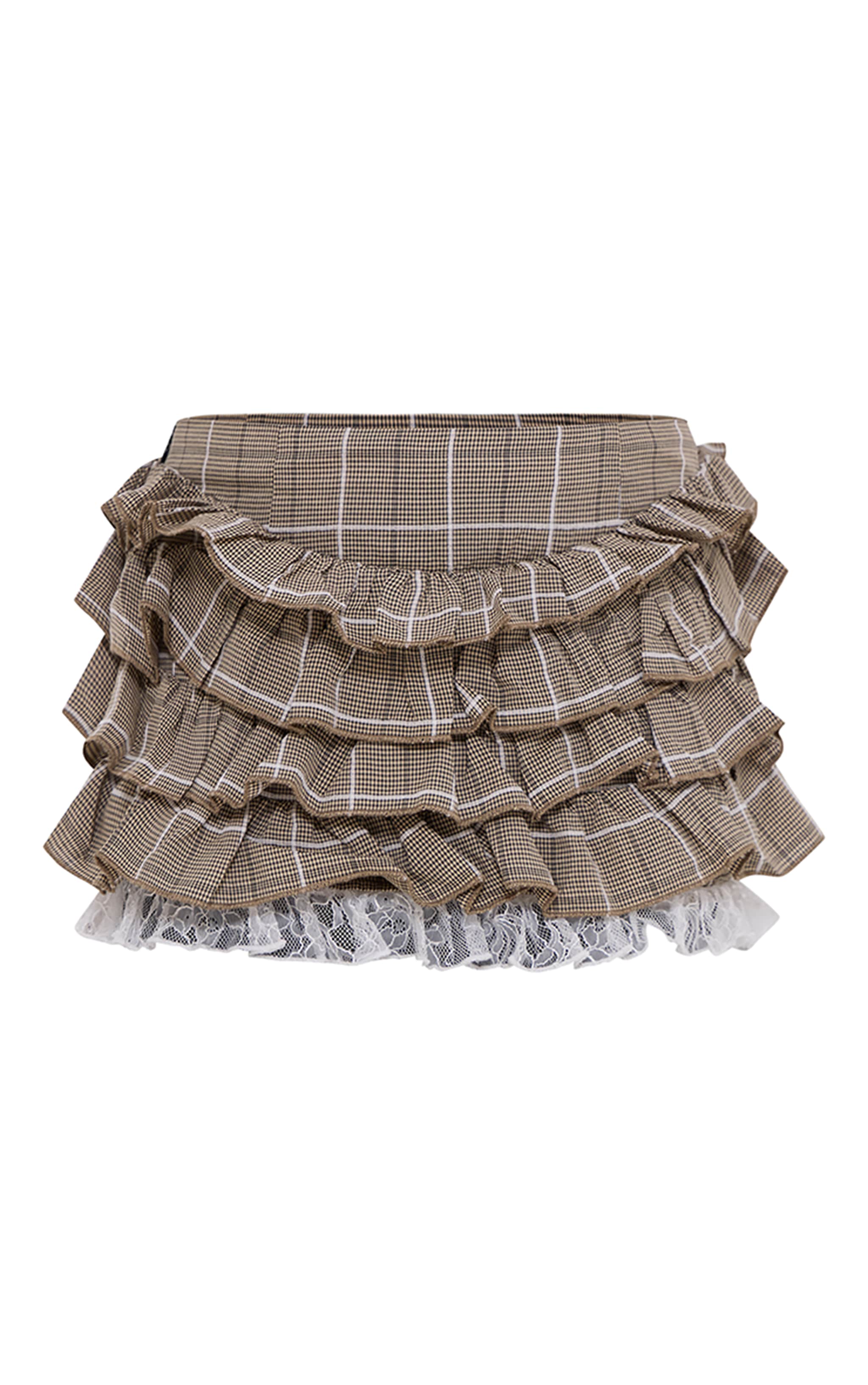 Brown Plaid Printed Lace Detail Ruffled Rara Skirt image 6