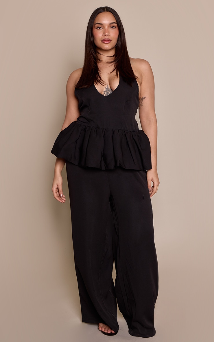 Plus Black Halterneck Peplum Wide Leg Jumpsuit