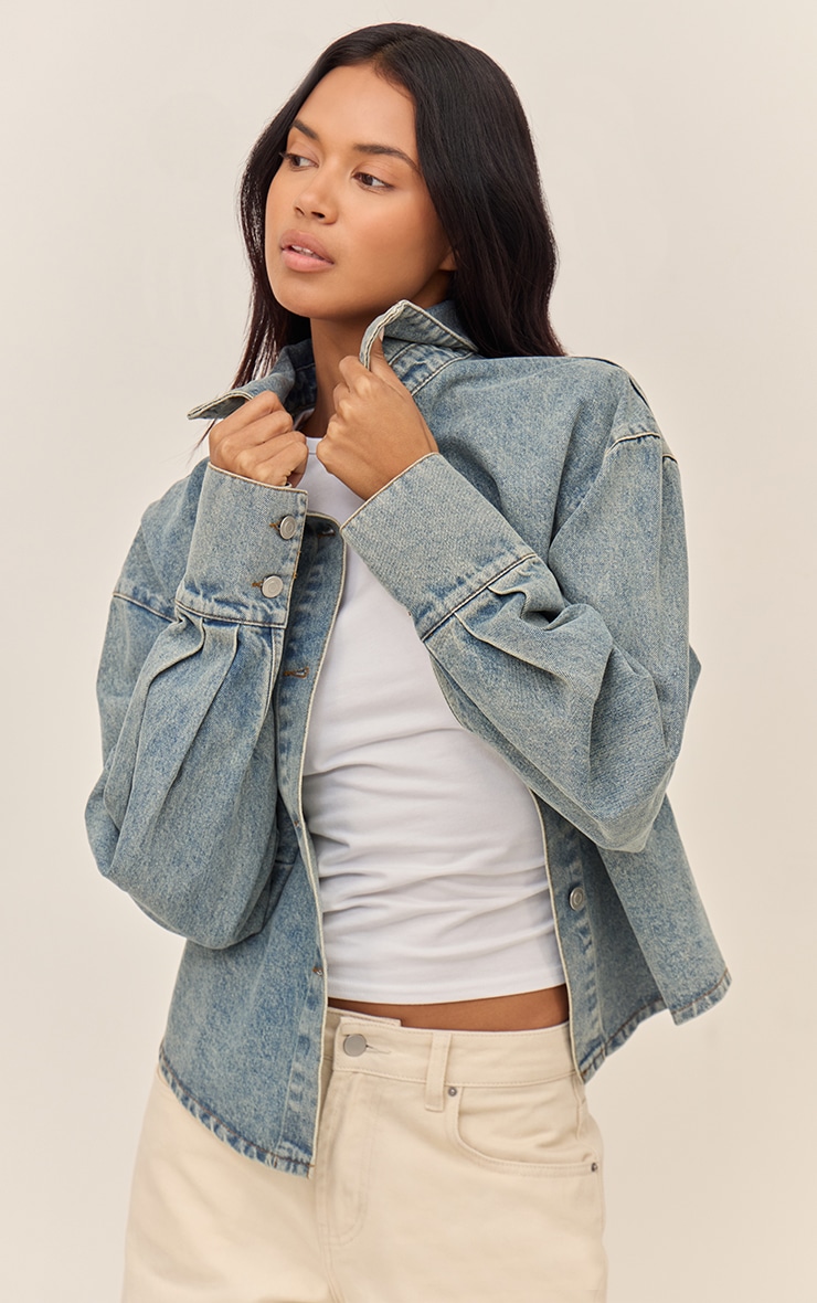 Vintage Balloon Sleeve Curved Hem Denim Shirt image 1