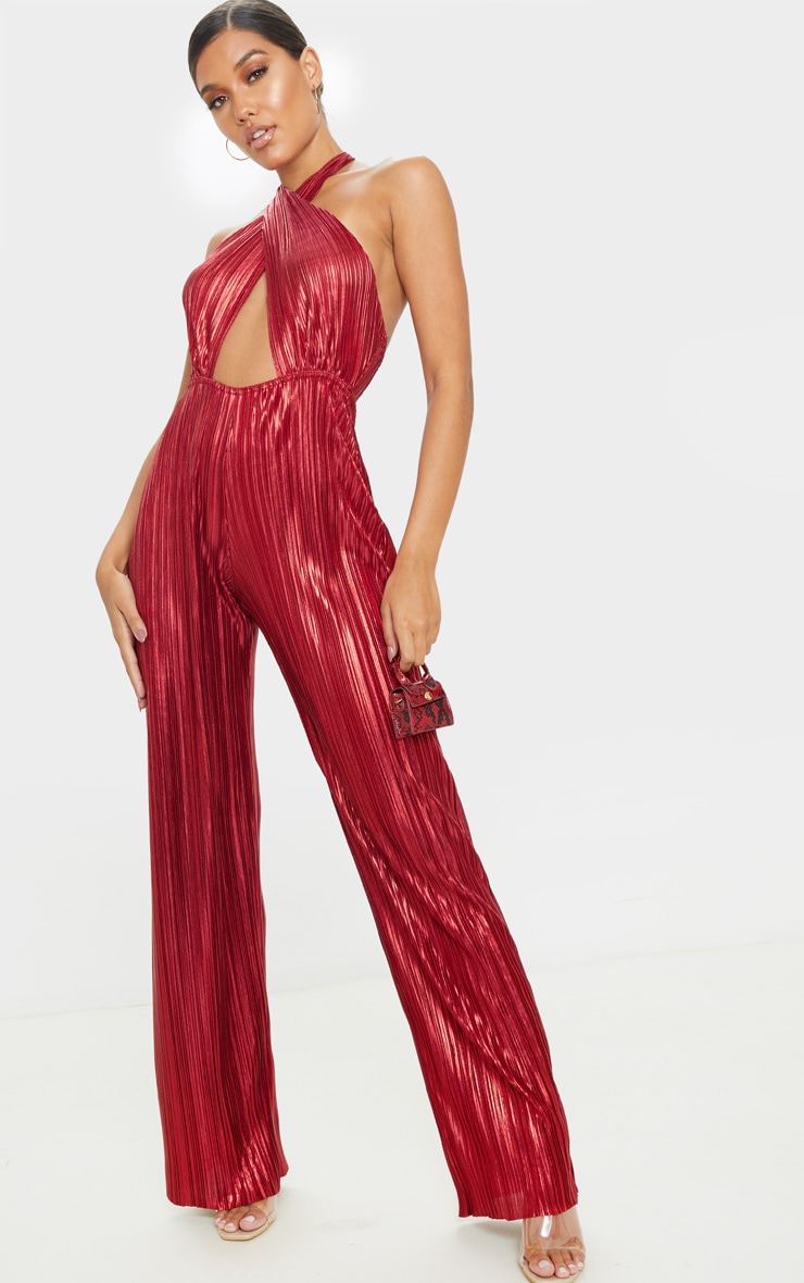 Red Plisse Halterneck Wide Leg Jumpsuit