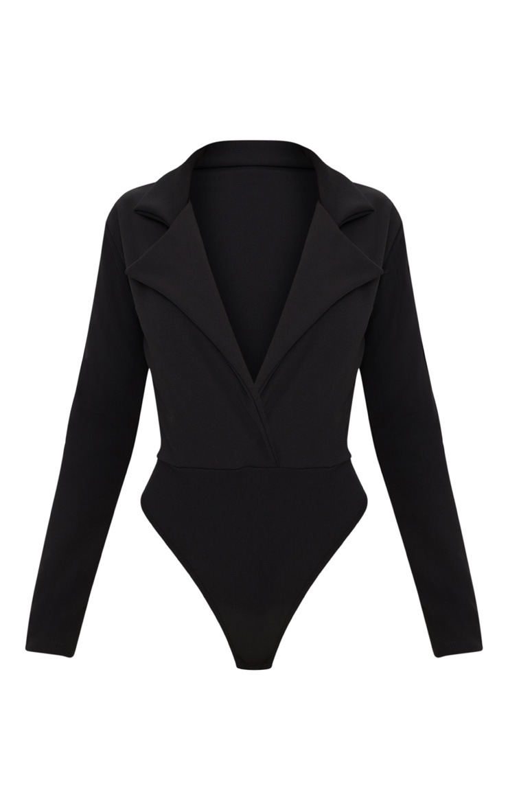 Black Crepe Tux Blazer Thong Bodysuit Tops PrettyLittleThing