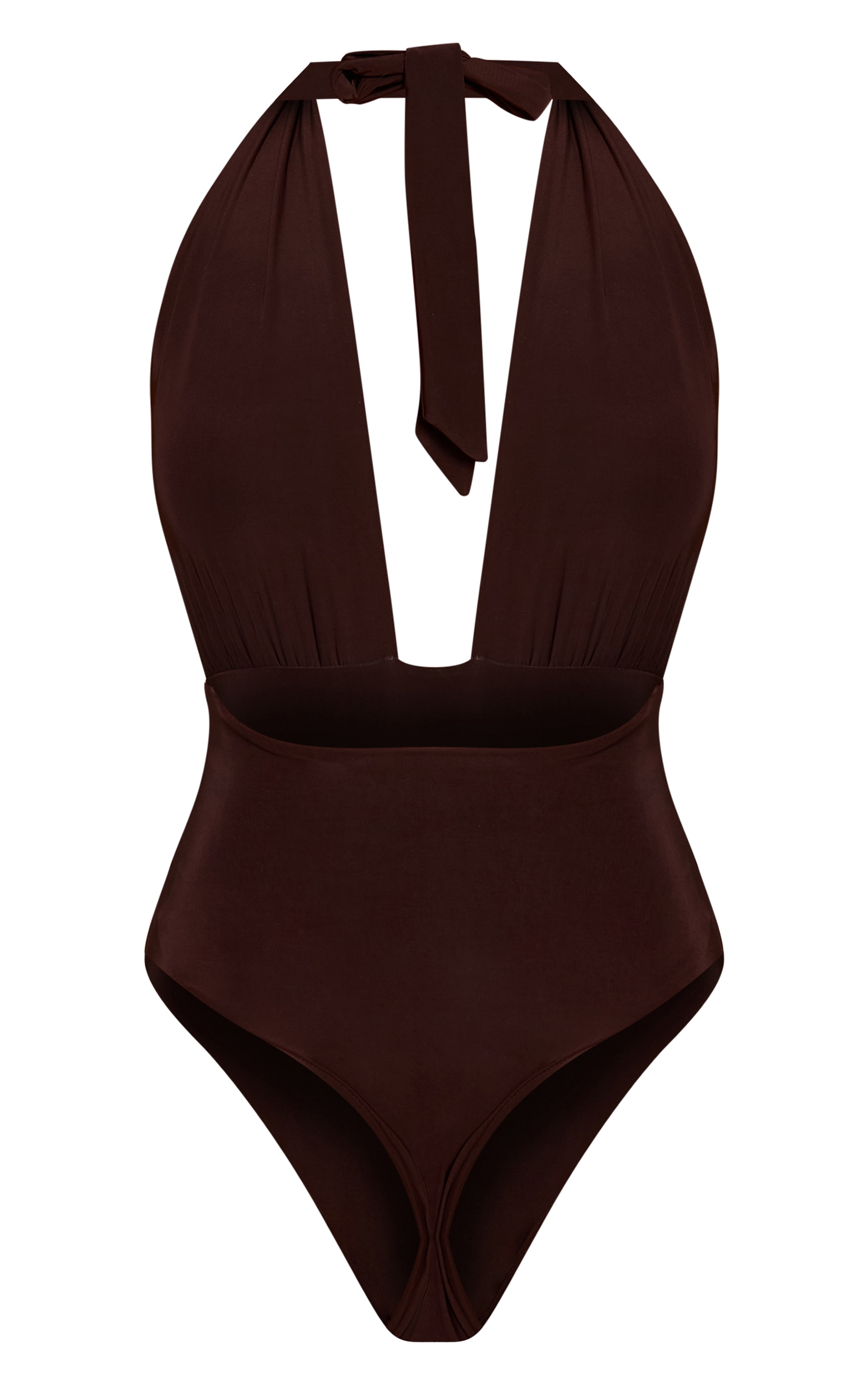 Chocolate Double Layer Slinky Plunge Detail Halter Neck Bodysuit image 6