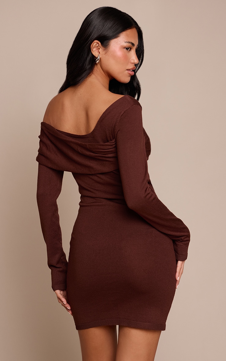 Chocolate Long Sleeve Asymmetric Knitted Mini Dress image 2