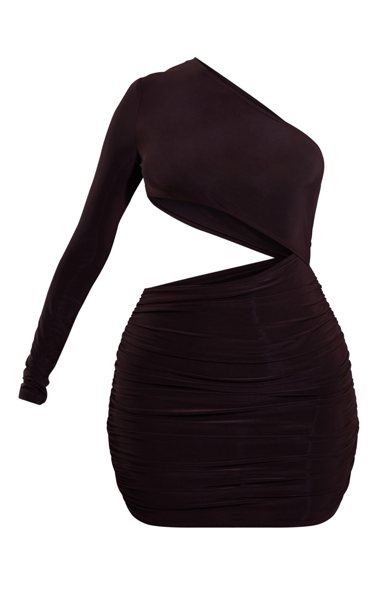 Petite Chocolate Slinky One Shoulder Waist Cut Out Ruched Bodycon image 5